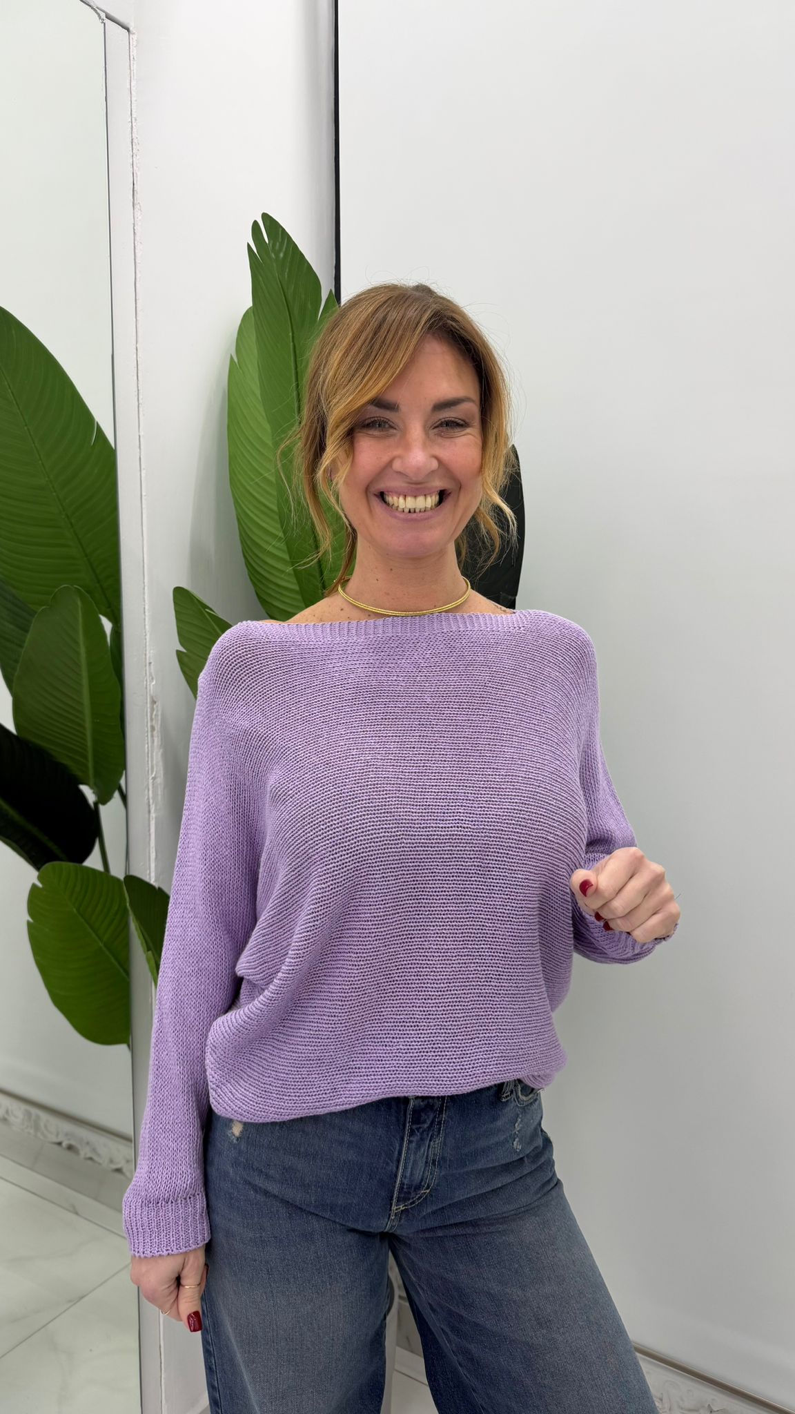 Maglione girocollo traforato vestibilità morbida